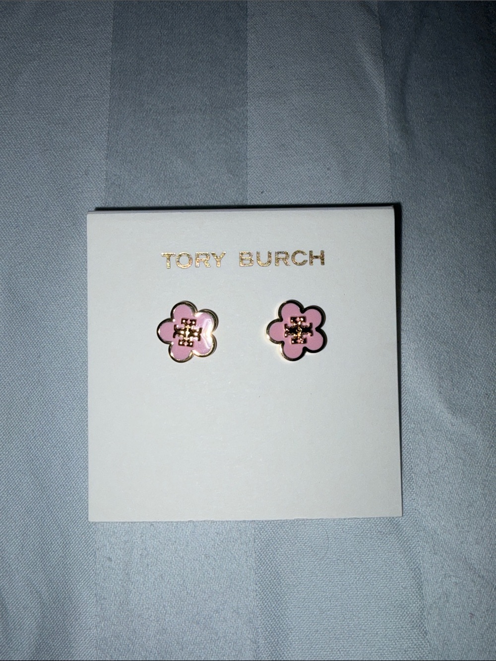 Tory Burch Pink Floral Enamel Stud Earrings with Gold Trim